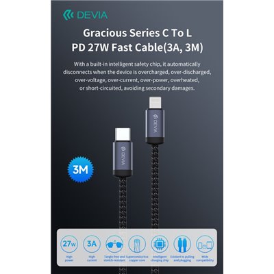 Cavi ConnettivitÃ  Cavo carica rapida da C a Lightning PD 27W 3A 3 Metri Nero